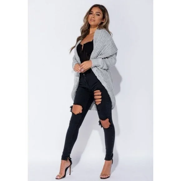 Grey Chunky Cable Knit Long Sleeve Shawl Collar Open Front Midi Cardigan - Picture 3 of 11